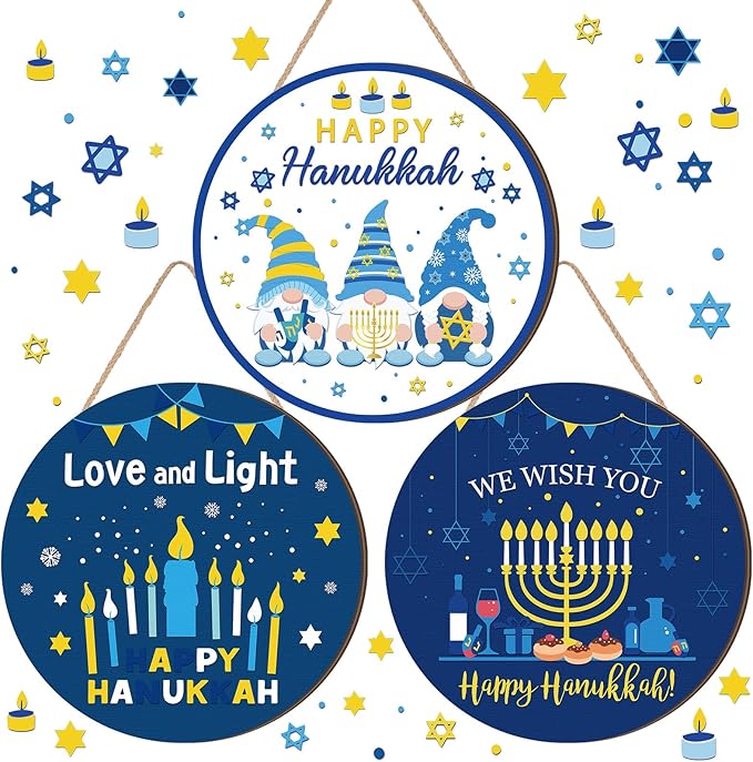 3 Pcs Hanukkah Front Door Sign Round Hanukkah Hanging Ornaments Hanging Wooden Plaque Decoration Chanukah Party Wall Sign Hanger for Farmhouse Home Livingroom Birthday Party Supplies