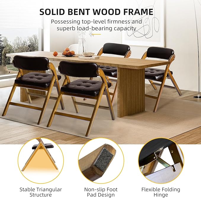 2 Pack Wooden Folding Chair with Padded Seat Stackable Wooden Foldable Chair, Folding Chairs with Cushion for Guests Kitchen, Bedroom, Office, Wedding, Library, Party, Picnic (Natural Brown)