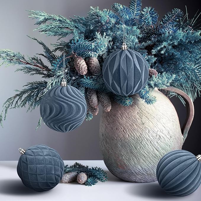 4 Pcs 4 Inch Large Velvet Christmas Ball Ornaments Vintage Christmas Plastic Ball Ornaments Flocked Tree Hanging Decoration for Xmas Party Wedding Home Decor(Grey Blue)