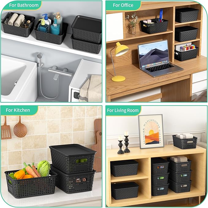 8-Pack Black Plastic Storage Baskets with Lids, Label Organizers, Stackable Organizer Containers: For Organizing Shelves, Drawers, Desk Closets, Playrooms, Classrooms, Offices