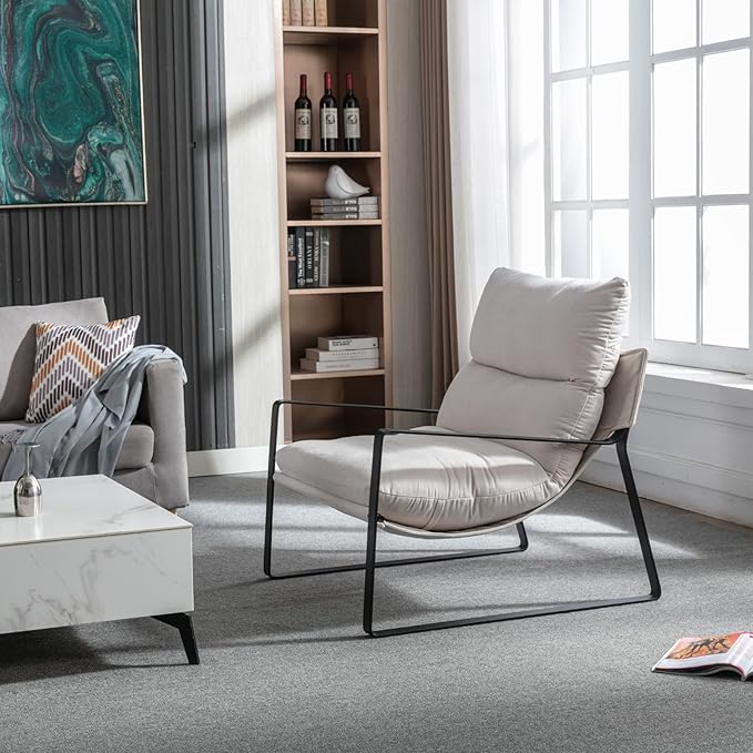 Mid-Century Accent Chair Set of 2, Comfy Side Chair with Armrest Chenille Fabric, Upholstered Leisure Chair with Black Metal Frame for Living Room Bedroom Reception Room, White