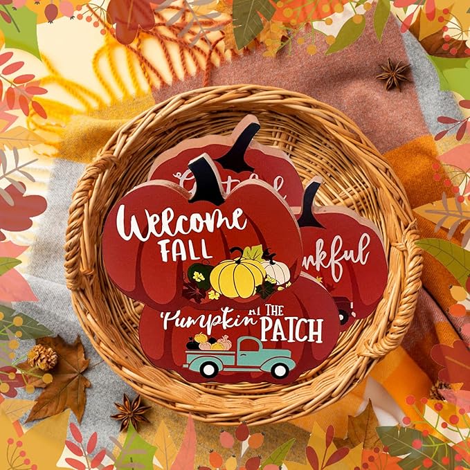 Cute Pumpkin Autumn Decorations Indoor, 4 Pcs Wooden Tiered Tray Decor Table Sign Thanksgiving Fall Decor Pumpkin Signs for Party Home Shelf Display