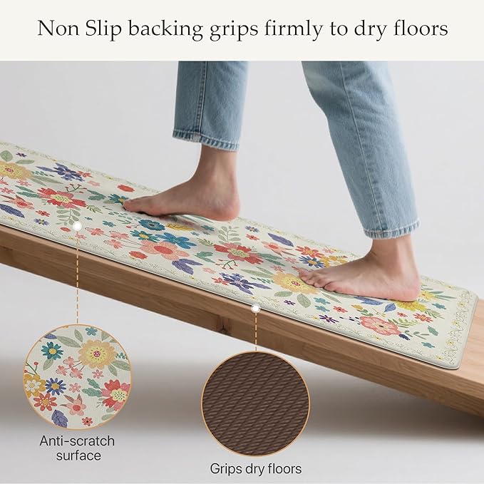 GENIMO Kitchen Mats for Floor 2PCS, Cushioned Kitchen Rugs Non Slip Washable, Farmhouse Anti Fatigue Mat Waterproof, Comfort Standing Mat Rug for Office, Home, Laundry, 17.3"x47"+17.3"x30", SoftWhite