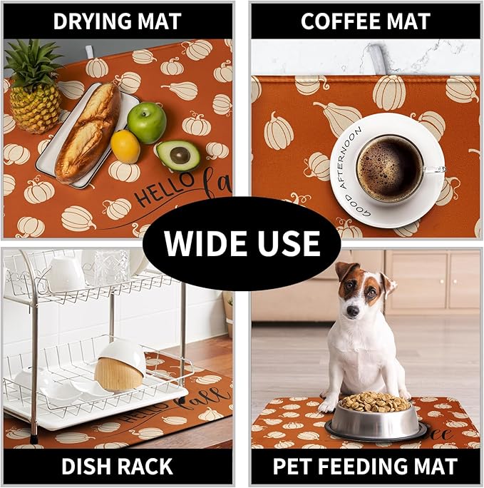 Hello Fall Drying Mat for Kitchen Counter Autumn Orange Pumpkin Dry Dish Mat Thanksgiving Absorbent Microfiber Dish Draining Washable Dish Drainer Rack Mat Large 18x24 Inch