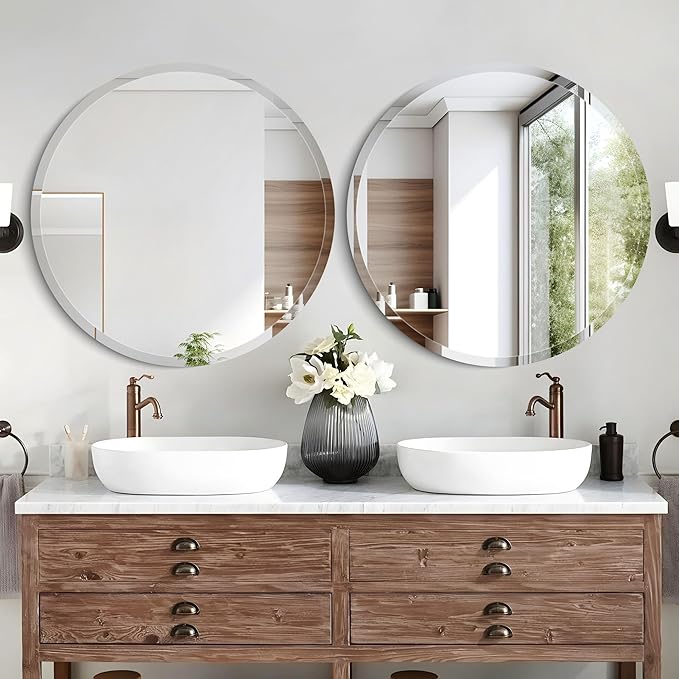 30" Frameless Round Beveled Mirror, 1" Polished Edge Beveled Circle Bathroom Mirror for Wall, Vanity, Entryways