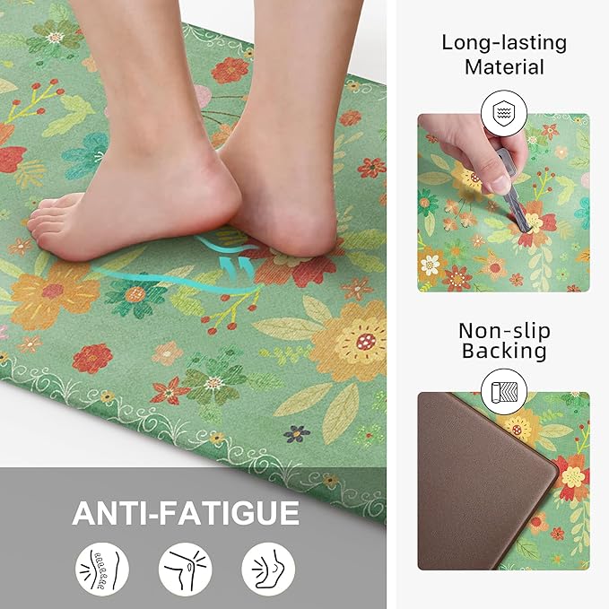 GENIMO Kitchen Mats for Floor 2PCS, Cushioned Kitchen Rugs Non Slip Washable, Farmhouse Anti Fatigue Mat Waterproof, Comfort Standing Mat Rug for Office, Home, Laundry, 17.3"x47"+17.3"x30", LightGreen
