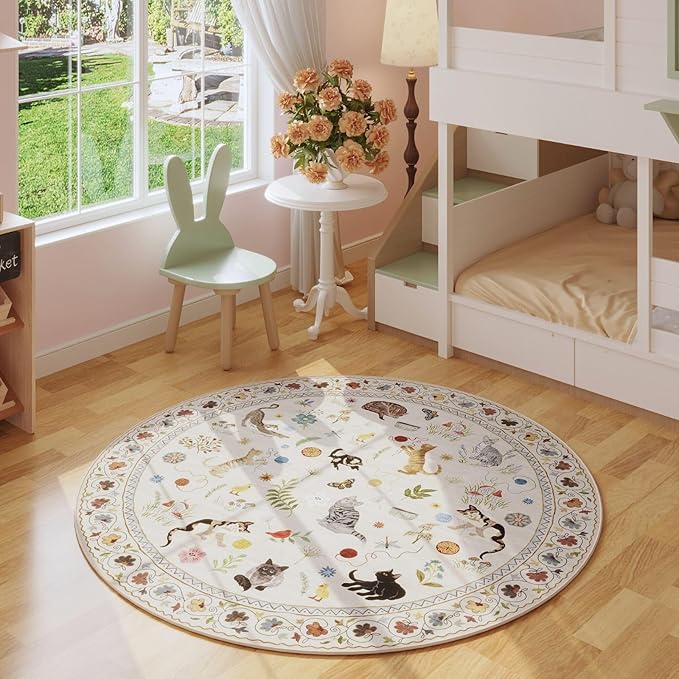 Rugcomf Round Rug 4ft Washable Circle Rug Non Slip Low Pile Boho Floral Animal Cat Small Circular Rug for Bedroom Bathroom Entryway Kids Room Office College Dorm, Beige