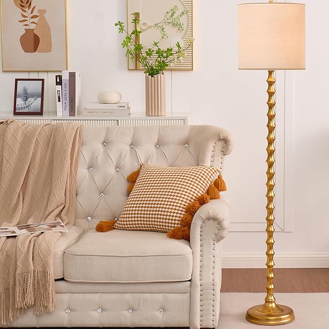 LED Floor Lamp 3-Way Dimmable Farmhouse Standing Lamp Heavy Base Floor Lamp with White Linen Lampshade Tall Pole Reading Lamp Corner Light for Living Room Bedroom Study Room (Black)