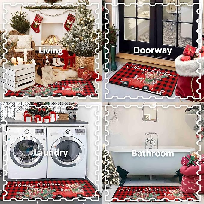 Buffalo Plaid Red Truck Christmas Kitchen Rugs 2 PCS, Merry Christmas Kitchen Rug, Non Skid Washable Soft Comfort Kitchen Rugs Set (17"x47"+17"x30",Merry Christmas)