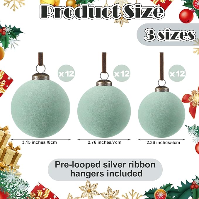36 Pcs Velvet Christmas Balls Bulk - Flocked Christmas Tree Ball Ornaments Hanging Decoration for Xmas Tree, Wreath, Home or Party Decorations, 2.36", 2.76", 3.15"(Sage Green)