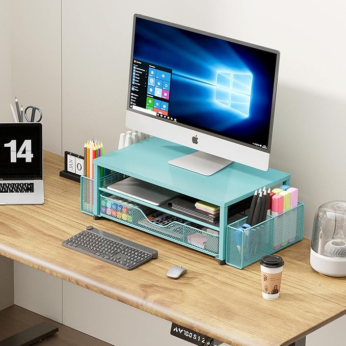 Desk Organizers and Accessories, 2-Tier Computer Monitor Stand Riser with Drawer and 2 Pen Holders, Laptop Stand, Office Desk Accessories for Office Supplies, Teal Blue