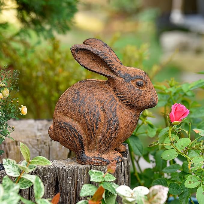 Sungmor Cast Iron Rabbit Statue, Vintage Animal Collection Figurines, Home Office Table Decor, Paperweight, Doorstop, Garden Lawn Cute Ornament, Rust Finish