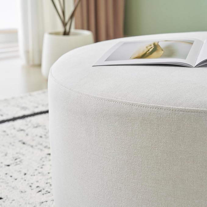 Christopher Knight Home Naylor Modern Fabric Round Ottoman, Living Room Upholstered Foot Stools Foot Rest, Modern Ottoman Coffee Table with Wooden Frame, White