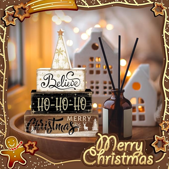 Britimes 4 Pcs Christmas Tiered Tray Decorations Set Believe HO-HO-HO Merry Christmas Reindeer Stack Block Signs Neutral Rustic Holiday Decor (Neutral HO-HO)