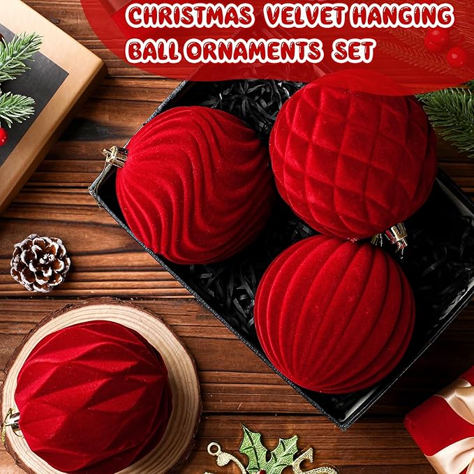 4 Pcs 4 Inch Large Velvet Christmas Ball Ornaments Vintage Christmas Plastic Ball Ornaments Flocked Tree Hanging Decoration for Xmas Party Wedding Home Decor(Red)