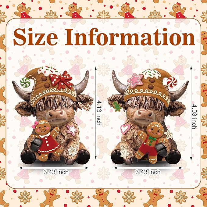 Karenhi 2 Pcs Highland Cow Figurines Christmas Gingerbread Man Highland Cow Gnomes Scottish Resin Statue Calf Lovers Gifts for Xmas Home Garden Kitchen Office Tiered Tray Table Decor
