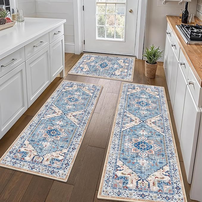 Yamaziot Boho Washable Kitchen Rugs Sets of 3, Non Slip Kitchen Mats for Floor with Rubber Backing, Waterproof & Stain Resistant Thick Carpet Runner Throw Rug for Kitchen, Laundry Room, Hallway