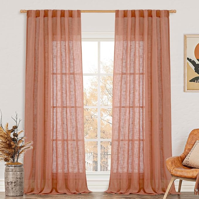 LAMIT 95 Inches Long Terracotta Linen Curtains for Living Room, Back Tab and Rod Pocket Linen Textured Curtains Light Filtering Boho Drapes for Bedroom/Dining Room, Set of 2, 52 x 95 Inch