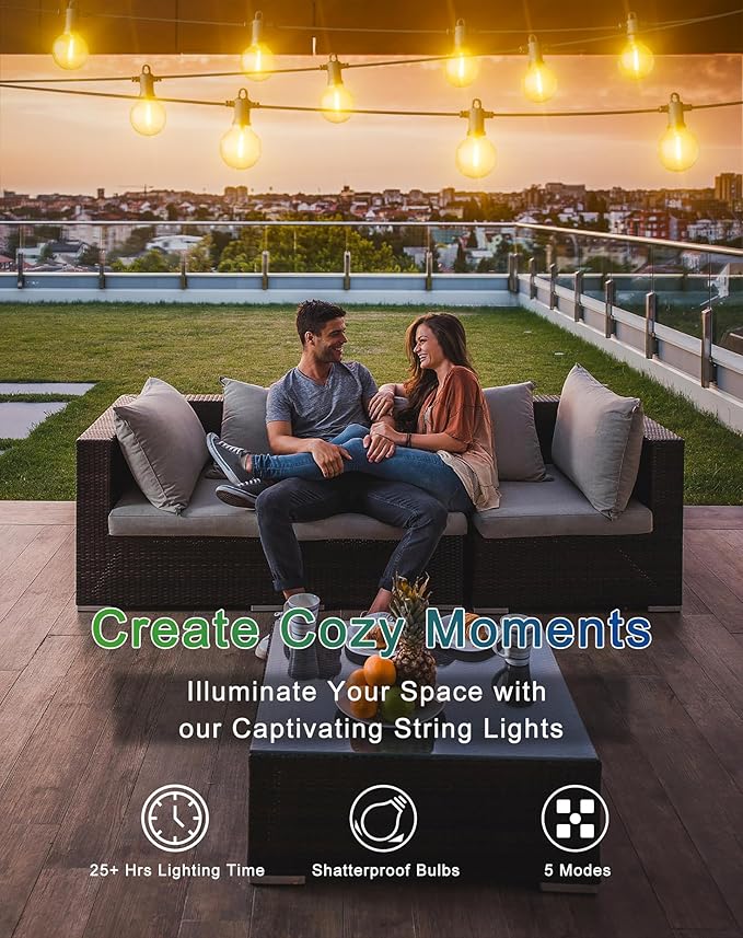 Solar String Lights Outdoor Waterproof 50FT with USB Port and 27 Shatterproof G40 Bulbs(2 Spare), LED Solar Powered Patio Lights for Outside, Porch, Backyard, Bistro, Garden, Market - 2200K