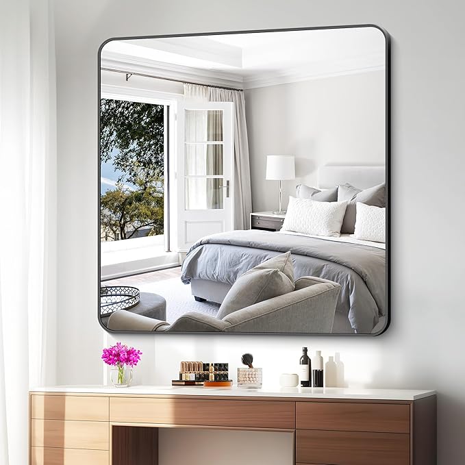 BONEWEI 48x48 inch Bathroom Mirror,Black Rectangle Mirror,Wall Mounted Bathroom Frame Vanity Mirror with Round Corner for Bedroom Living Room,Entryway Hangs Horizontal or Vertical