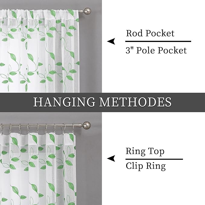 Tollpiz Green Leaf Sheer Curtain Leaves Embroidered Bedroom Curtains Rod Pocket Voile Window Treatment for Living Room, 54 x 95 inches Long, Set of 2 Panels