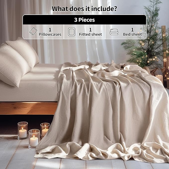 LBRO2M 100% Linen Sheet Set Twin XL Size,Bed Sheets 3 Piece Sets,Solid Color Natural Flax Bed Sheets Soft Breathable Bedding,16" Deep Pocket,All Season (Twin XL, Linen)