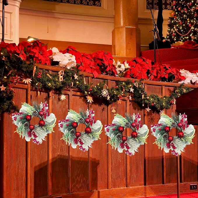 Christmas Candle Rings Wreaths(2 Pcs) Snow Flocked Candle Rings Pine Branches, Red Berries, Pinecones Pillars Candle Rings Christmas Table Centerpiece for Front Door Window Wall Decor