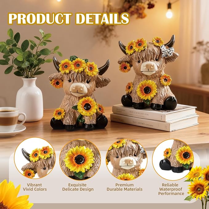 2 Pcs Highland Cow Figurines Spring Sunflower Highland Cow Gifts Summer Decorations for Kitchen Home Office Tiered Tray Table Decor