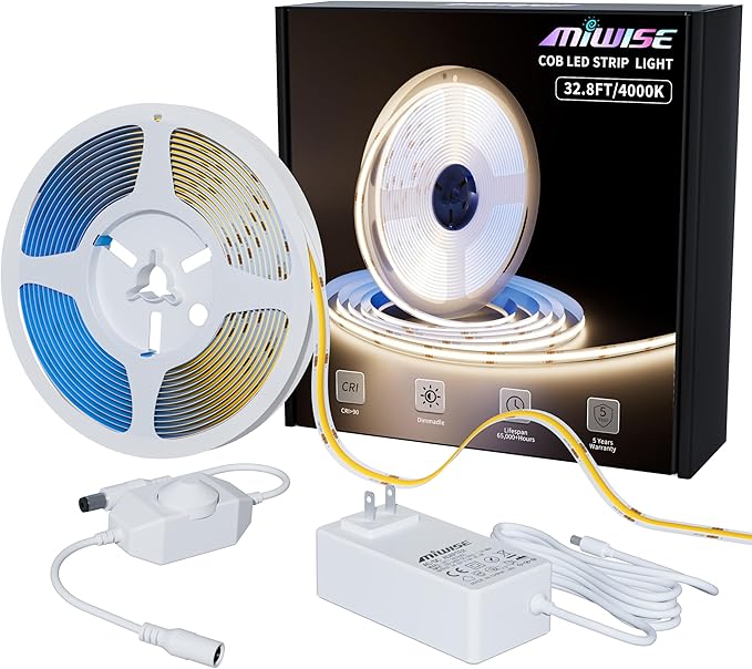 MIWISE COB LED Strip Light 32.8ft/10m,CRI 90+ Natural White 4000K High Lumen Dimmable Super Bright Flexible DC24V LED Tape Light with Controller/Dimmer,for Cabinet Home Office DIY Lighting Projects