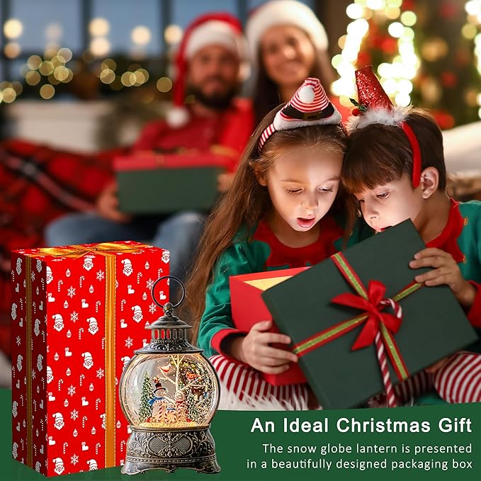 9.8" Christmas Snow Globe Water Lantern with Joy and Snowman Family Scene Battery Operated or USB Powered Musical Lighted Holiday Decoration for Tabletop Display for Family and Friends