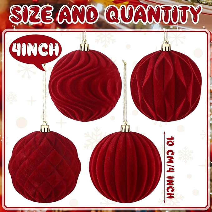 4 Pcs 4 Inch Large Velvet Christmas Ball Ornaments Vintage Christmas Plastic Ball Ornaments Flocked Tree Hanging Decoration for Xmas Party Wedding Home Decor(Wine Red)