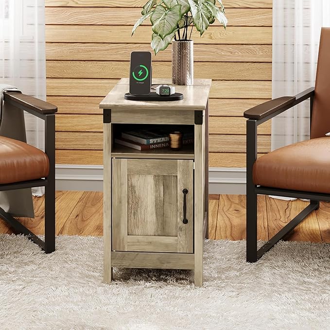 WLIVE Farmhouse End Table Set of 2 with Charging Station, Narrow Side Tables Living Room, Bedroom, Couch with USB Ports and Outlets, Wood Nightstand Sets with Storage, Greige