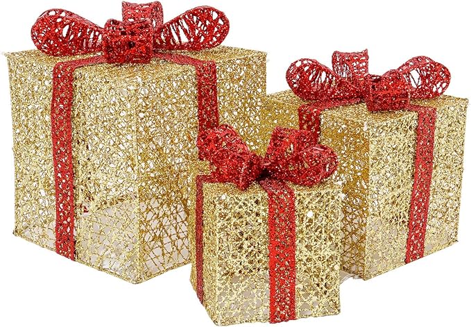 Sunnyglade 7.5”-5.9”-4.7” Set of 3 Christmas Lighted Gift Boxes with Bows Present Boxes for Christmas, Weddings Yard Home Holiday Art Decorations (Gold)