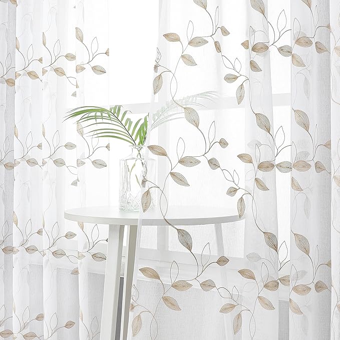 Tollpiz Taupe Leaf Sheer Curtains Leaves Embroidered Living Room Short Curtain Rod Pocket Voile Window Treatments for Bedroom, 54 x 45 inches Long, Set of 2 Panels