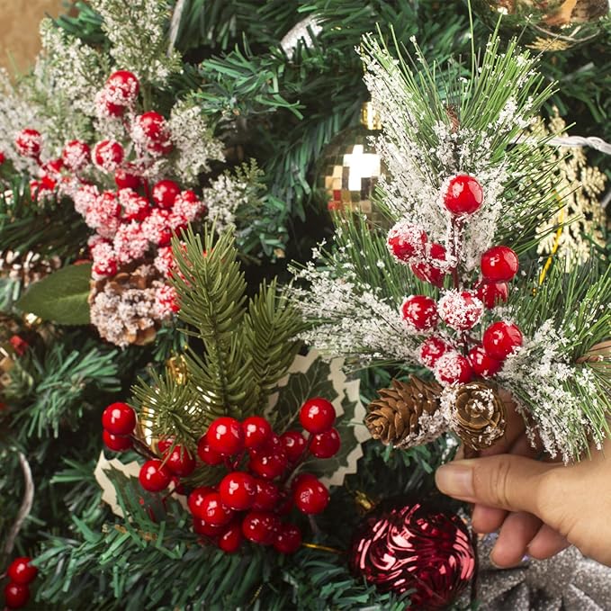 6 Kinds Artificial Christmas Tree Picks with Red Berry Pine Branches & Flower Pick - Perfect for Festive Season Decor & Wreaths to Brighten Your Holiday Spirit