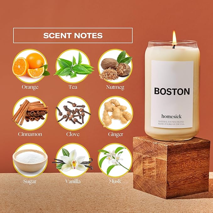 Homesick Scented Candles for Home (Boston) - 13.75 oz Long-Lasting Soy Wax Jar Candle for Women & Men for All Occasions, 60-80 Hours Burn Time - Notes of Orange, Tea & Nutmeg