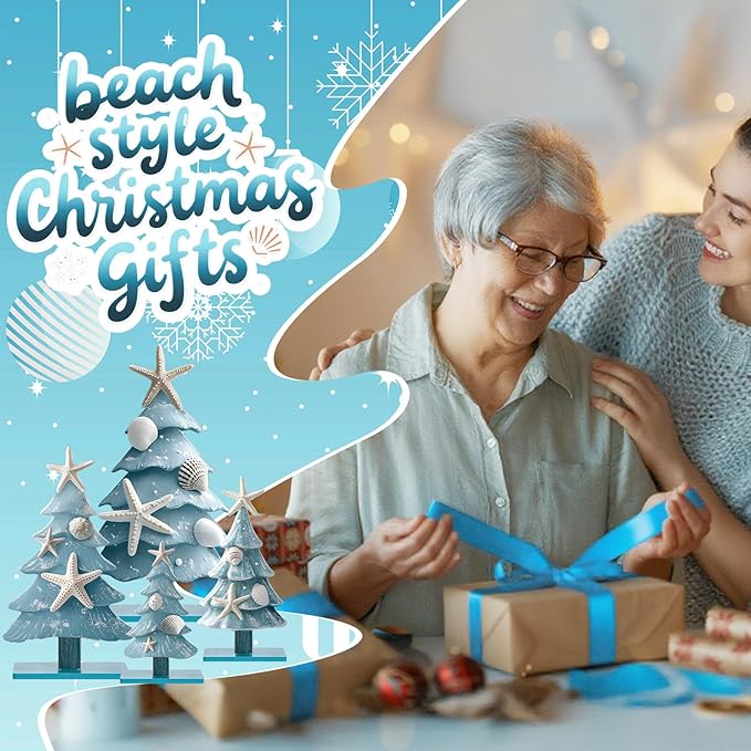 Barydat 4 Pcs Blue Coastal Christmas Table Decorations Wooden Ocean-Themed Christmas Tree Centerpieces Table Decor for Xmas Party Gifts Home Indoor Home Kitchen Office Room Decor