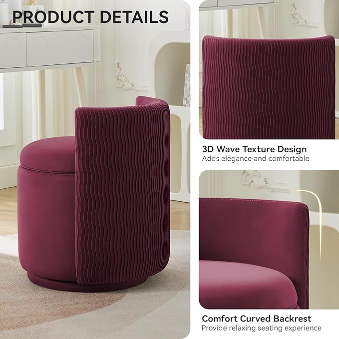 Velvet Vanity Chair with Storage, 360° Swivel Makeup Chair with Wave Back, No Assembly Small Accent Stool for Bedroom, Dressing, Living Room, Burgundy