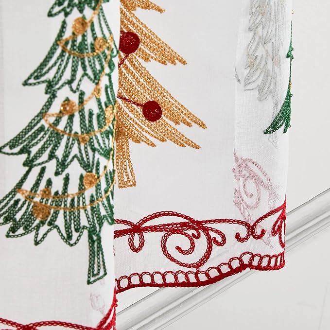 Deconovo Christmas Kitchen Tier Curtains, Embroidered Cafe Tiers, Semi Sheer Window Treatment with Rod Pocket, Light Filtering for Small Windows, Door & Sink Areas, 28W x 24L, Tree, 2 Panels