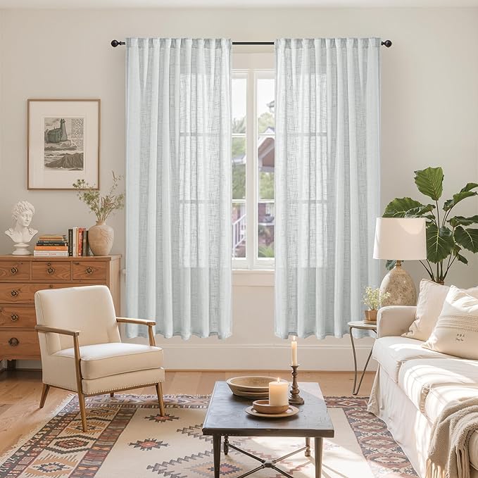YoungsTex Light Grey Linen Curtains 72 Inch Length for Living Room, Semi Sheer Window Drapes Textured Light Filtering with Rod Pocket Back Tab for Bedroom, 2 Panels, 52 X 72 Inch