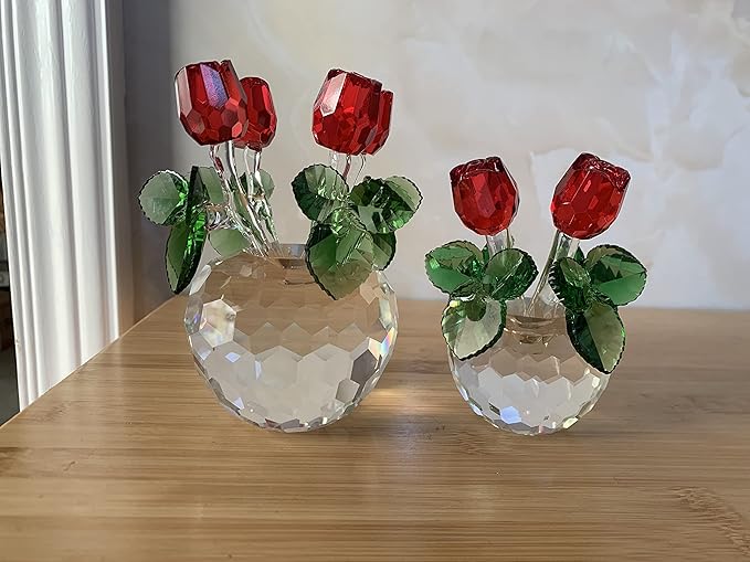 HomeRoots Crystal Red Rose Bouquet Figurine - Glass Flowers for Home Decor & Special Occasions - Unique Collectible Roses Ornament | Romantic Gifts for Her on Valentine's, Christmas, Anniversary