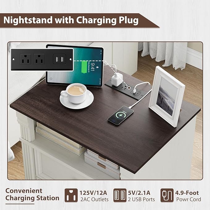 Yaamizz Farmhouse Nightstands with Charging Station, Table with Drawer and Storage Shelf, Wood Pilasters and Metal Handles, Vintage Design, Organizer for Bedroom, Hallway, White