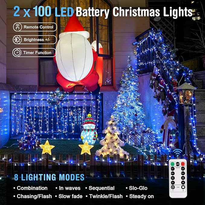 JMEXSUSS 2 Pack Blue and White Battery String Lights, Each 33ft 100 LED Battery Powered Christmas Lights with Remote for Outside Party Birthday