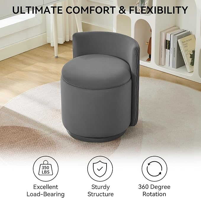 Velvet Vanity Chair with Storage, 360° Swivel Makeup Chair with Wave Back, No Assembly Small Accent Stool for Bedroom, Dressing, Living Room, Grey