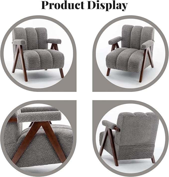 Mid Century Modern Accent Chairs Set of 2 with Solid Wood Frame, Boucle Upholstered Living Room Chairs with Thick Cushion, Comfy Tufted Arm Chair for Bedroom, Grey