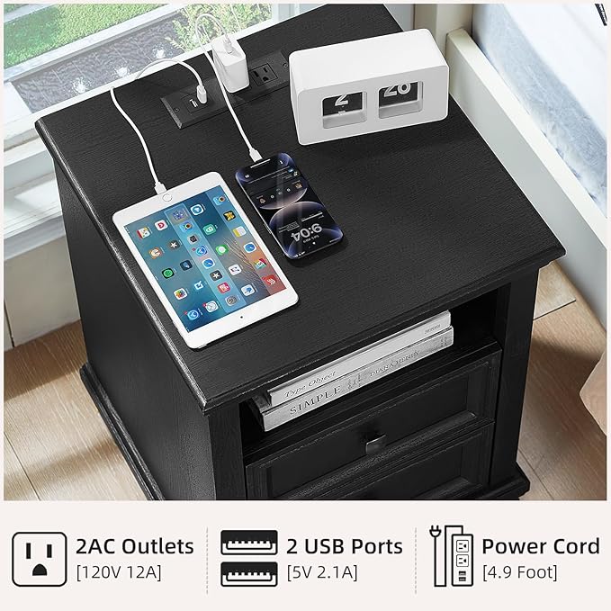 Farmhouse Nightstand Set of 2 with Charging Station, Rustic Black Nightstand,2 Drawers End Table for Living Room,Bedside Table with Open Shelf for Bed Room,Black