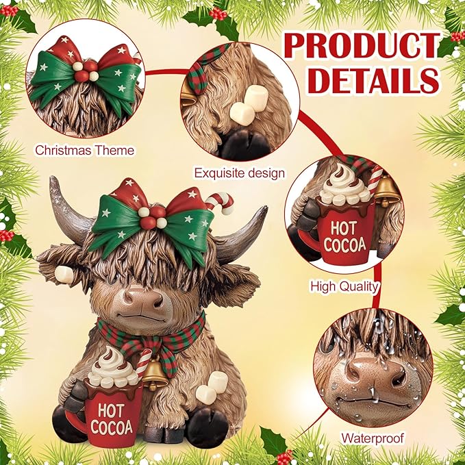 Karenhi 2 Pcs Highland Cow Figurines Christmas Hot Cocoa Highland Cow Gnomes Scottish Resin Statue Calf Lovers Gifts for Xmas Home Garden Kitchen Office Tiered Tray Table Decor