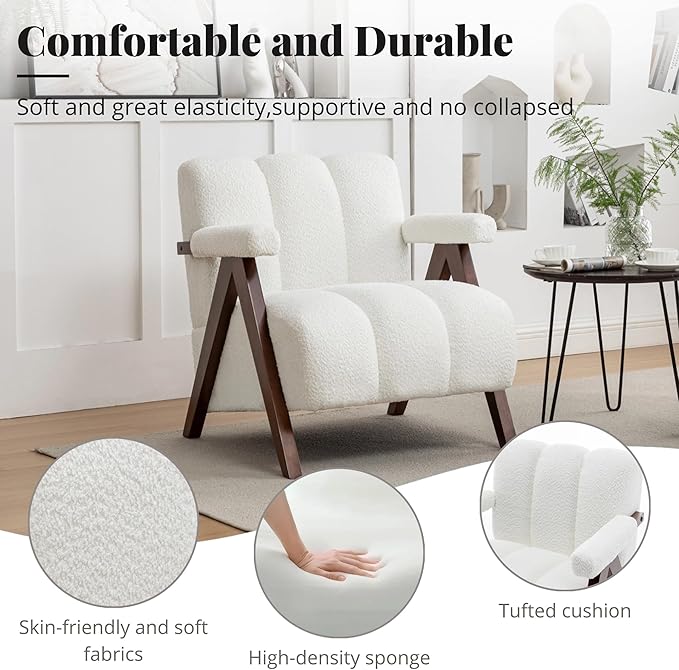 Mid Century Modern Accent Chairs Set of 2 with Solid Wood Frame, Boucle Upholstered Living Room Chairs with Thick Cushion, Comfy Tufted Arm Chair for Bedroom, Ivory
