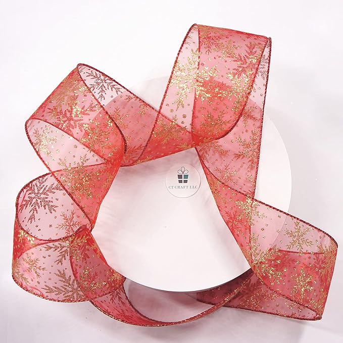 CT CRAFT LLC Organza with Red Glitter Snowflakes Wired Ribbon 2.5 inch x 50 Yards for Christmas Home Decor Tree Topper Bow Gift Wrapping DIY Crafts Wreath Garland Wedding
