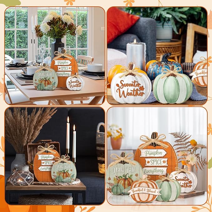 5 Pcs Fall Pumpkin Decor for Home Thanksgiving Novel Wooden Table Centerpiece Decorations Light Green Fall Wooden Pumpkin Signs for Autumn Farmhouse Kitchen Mantle Tabletop Supplies